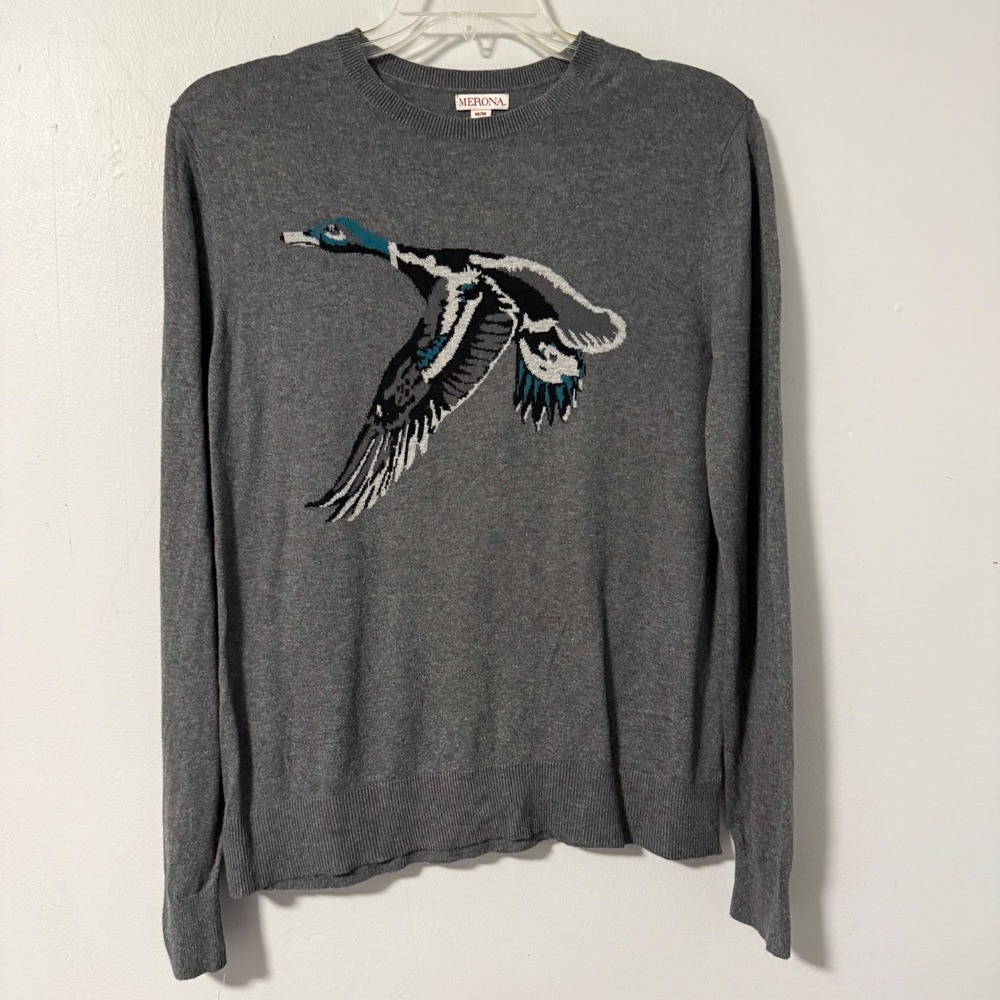 Merona Mens Gray Flying Mallard Duck Intarsia Knit Crew Neck Sweater Size Medium